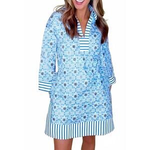 NEW SHEWIN contrast striped trim floral shift dress in blue